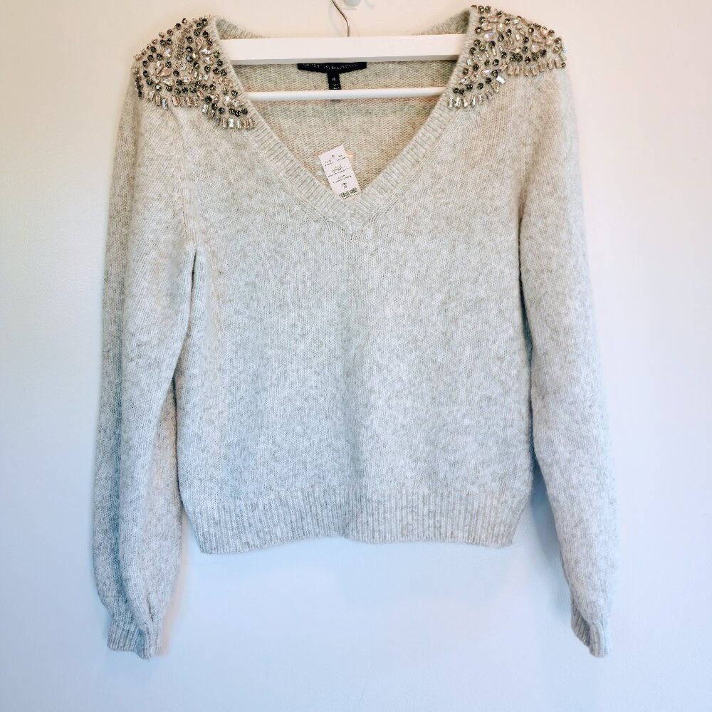 White House Black Market Beaded Shoulder V-Neck Sweater in Light Gray